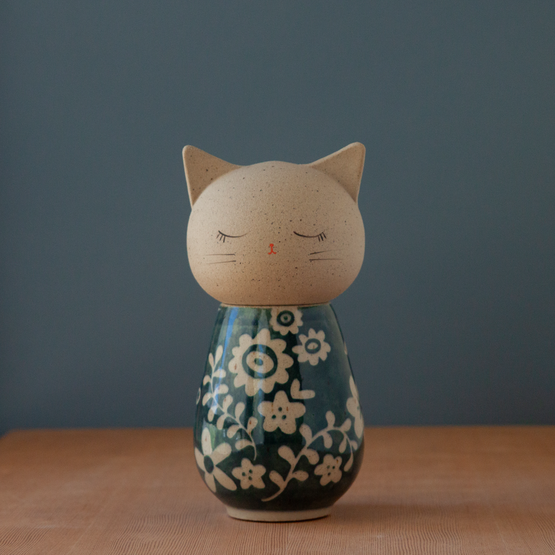 Kokeshi-Inspired Kitty - Deep Blue Floral