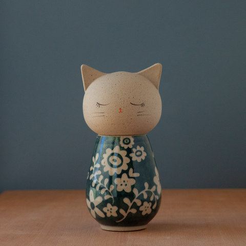 Kokeshi-Inspired Kitty - Deep Blue Floral