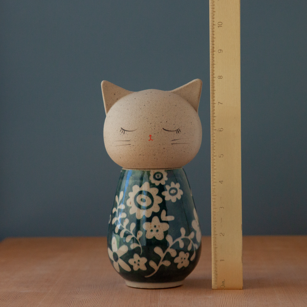Kokeshi-Inspired Kitty - Deep Blue Floral
