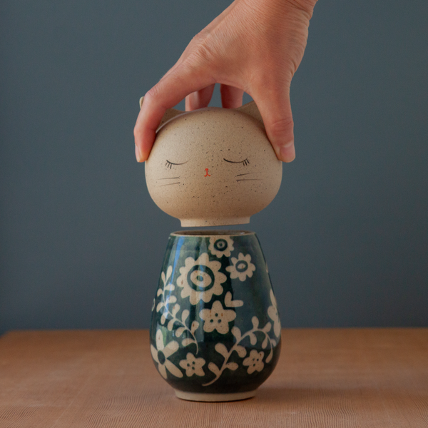 Kokeshi-Inspired Kitty - Deep Blue Floral