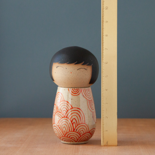 Kokeshi-Inspired Ceramic Doll - Red Arches