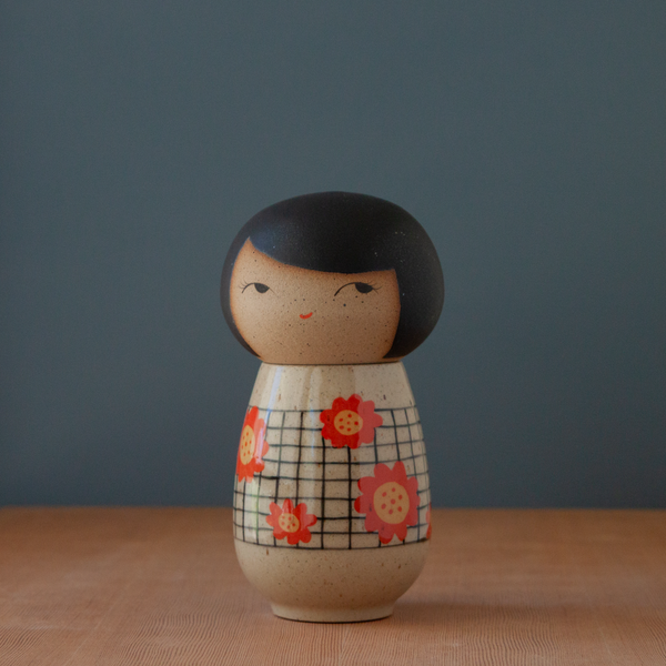 Kokeshi-Inspired Ceramic Doll - Flower Grid