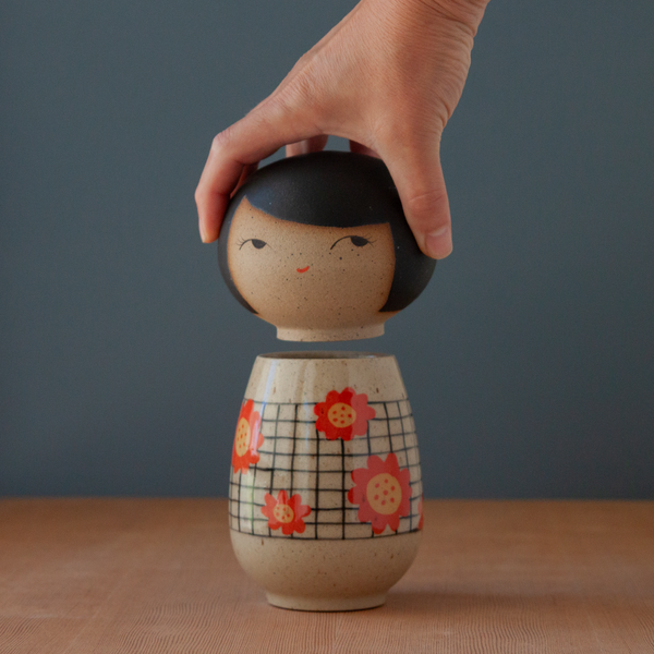 Kokeshi-Inspired Ceramic Doll - Flower Grid