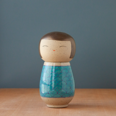 Kokeshi-Inspired Ceramic Doll - Teal Scales