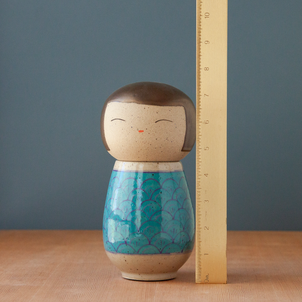 Kokeshi-Inspired Ceramic Doll - Teal Scales