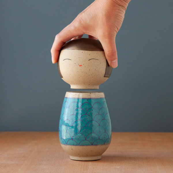 Kokeshi-Inspired Ceramic Doll - Teal Scales