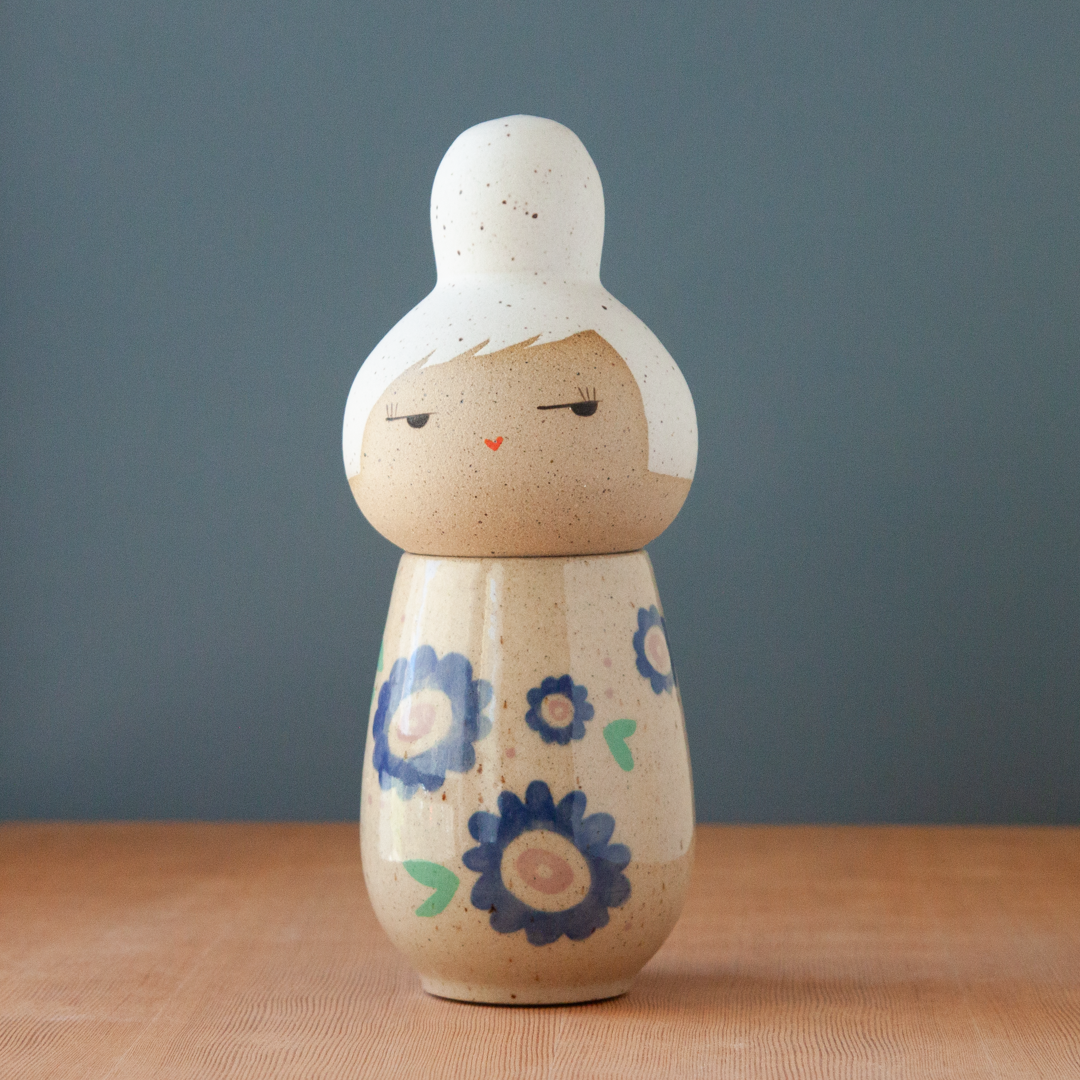 Kokeshi-Inspired Ceramic Doll - Floral Scatter in Blues