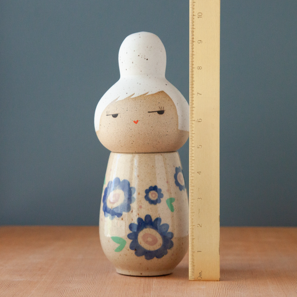 Kokeshi-Inspired Ceramic Doll - Floral Scatter in Blues