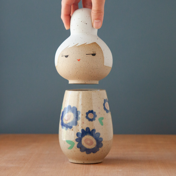 Kokeshi-Inspired Ceramic Doll - Floral Scatter in Blues