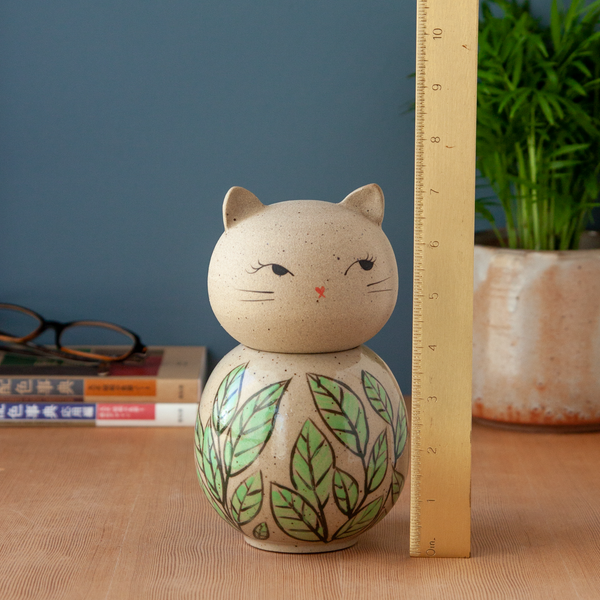 Kokeshi-Inspired Kitty - Green Leafy